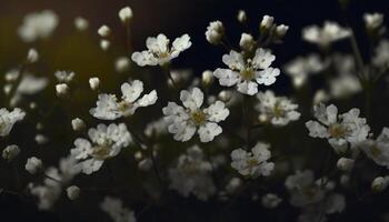 blanco flores en el prado con oscuro antecedentes foto