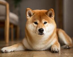 adorable retrato de un shiba inu perro acostado en el piso foto