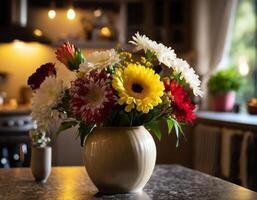 Flower in a vase with blurred kitchen background with low light photo