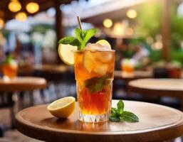 Iced tea with a restaurant background photo