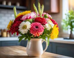 Bouquet of fresh flowers in a vase with blurred kitchen background photo