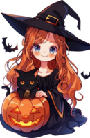 Cute witch with black and black cat and pumpkin png
