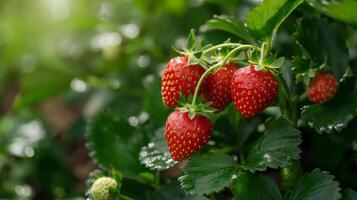 Close up of a strawberry bush with a garden background and copy space photo