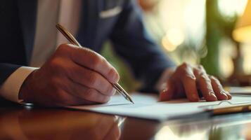 Signing contract with elegant pen by businessman in modern office photo