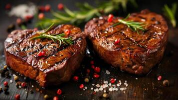 Two heart-shaped beef steaks grilled and seasoned, perfect for celebrating Valentine's Day photo