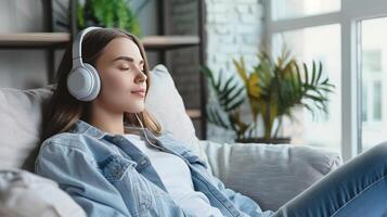 Relaxed young woman listening to music with headphones while lying on sofa at home photo