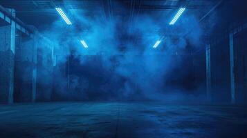 Dark street, wet asphalt, reflections of rays in the water. Abstract dark blue background, smoke, smog. Empty dark scene, neon light, spotlights photo