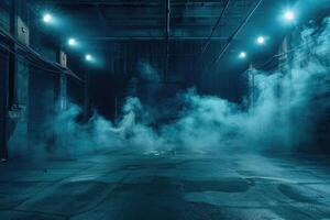 Dark street, wet asphalt, reflections of rays in the water. Abstract dark blue background, smoke, smog. Empty dark scene, neon light, spotlights photo