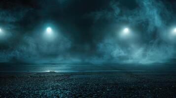 Dark street, wet asphalt, reflections of rays in the water. Abstract dark blue background, smoke, smog. Empty dark scene, neon light, spotlights photo