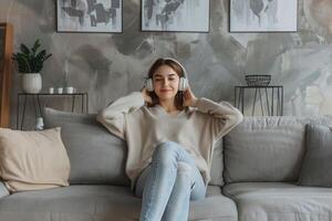 Relaxed young woman listening to music with headphones while lying on sofa at home photo