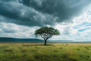 Beautiful landscape with lonely tree on the meadow under cloudy sky photo