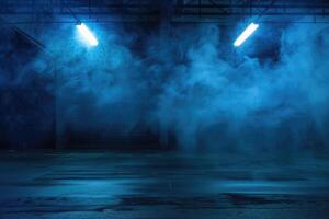 Dark street, wet asphalt, reflections of rays in the water. Abstract dark blue background, smoke, smog. Empty dark scene, neon light, spotlights photo