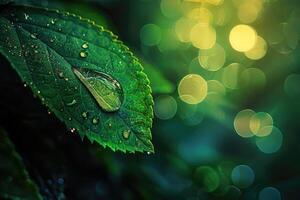 Water drop on green leaf with copy space. Nature background. Shallow depth of field photo