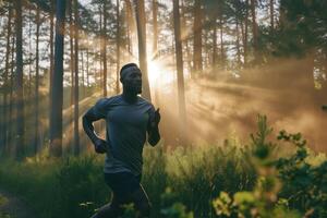 un negro hombre con un muscular construir corriendo en un bosque zona foto