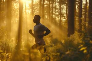 un negro hombre con un muscular construir corriendo en un bosque zona foto