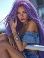 Photo of european woman photorealistic with lavender hair and lipstick