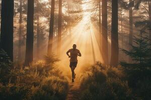 A black man with a muscular build running in a forest area photo