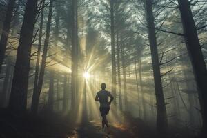 un negro hombre con un muscular construir corriendo en un bosque zona foto