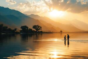 A middle eastern father and son fishing together photo