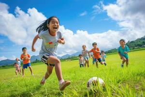 un grupo de asiático niños jugando fútbol foto