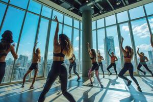 Group of Latin American women in fitness clothing doing exercise in the gym photo