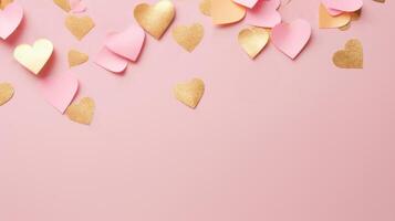 Valentine's day background with pink paper hearts on pink background Red satin bow isolated on white background photo