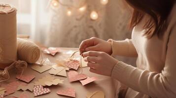 Young woman making greeting card for Valentine's Day at home, closeup photo