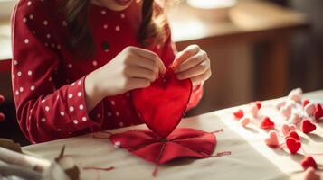 de cerca de pequeño niña haciendo rojo corazón forma desde tela a hogar foto