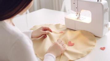 Close-up of female hands sewing a heart on the fabric. photo