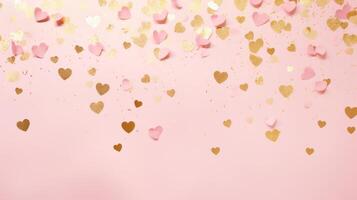 Golden confetti in the shape of hearts on a pink background. Red satin bow isolated on white background photo