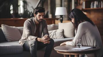 concepto de divorcio, desacuerdo, relación nubes malentendido en familia. hombre y un mujer en un disputa. conflictos Entre marido y esposa. foto