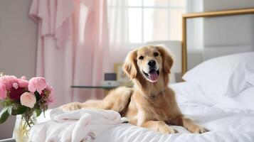 Pets friendly hotel or home room. Golden retriever puppy dog in luxurious hotel resting in bed. Traveling with pets. Emotional support concept. photo