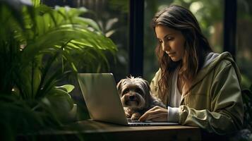 Woman sits with cute dog at restaurant. Pet friendly places concept. Emotional support concept. photo