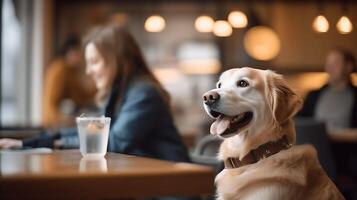 Pet friendly places concept. Smiling golden retriever sitting at the table in a cafe. Emotional support concept. photo