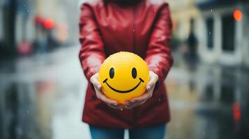 Emotional intelligence concept. Female holding happy emoji. Feedback rating, balance emotion control, mental health assessment. photo