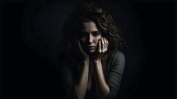 Woman in depression with bewildered thoughts in her mind. Depression, loneliness and mental health concept. photo