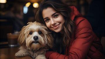 Woman sits with cute dog at restaurant. Pet friendly places concept. Emotional support concept. photo