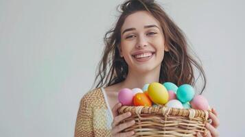 joven sonriente mujer vistiendo casual ropa sostener mimbre cesta con vistoso Pascua de Resurrección huevos aislado en pastel antecedentes. Copiar espacio. foto