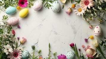 Happy Easter concept. Simple spring Easter template, greeting card, banner. Top view with copy space photo