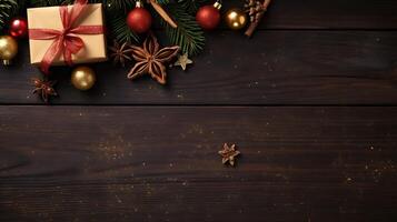 Christmas background with christmas decorations and space for text. photo