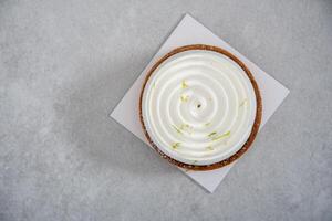 close-up mousse cake with snail decor on gray cement background top view photo