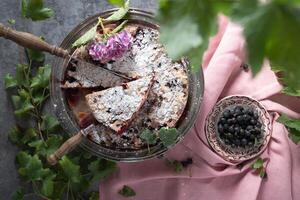 still life with delicious berry tart with almonds and black currants,home baked photo