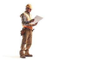 Male builder engineer reading blueprints on white background. photo