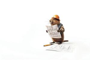 Beaver builder reads construction drawings on a white background photo