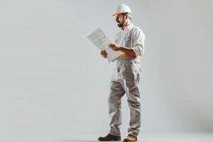 Male builder engineer reading blueprints on white background. photo