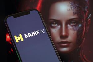 KYIV, UKRAINE - MARCH 17, 2024 Murf AI logo on iPhone display screen with background of artificial intelligence futuristic image photo