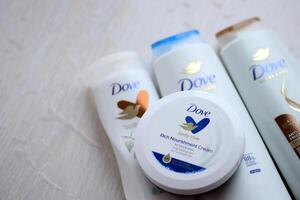 KYIV, UKRAINE - FEBRUARY 27, 2024 Production of Dove is a personal care brand by Unilever photo