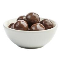 A bowl of chocolate candies sits on a white background. The candies are round and shiny. photo