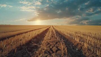 Dry cracked soil in vast summer oat field photo