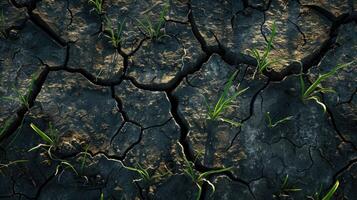 Cracked earth with grass sprouts and shoe imprints. photo